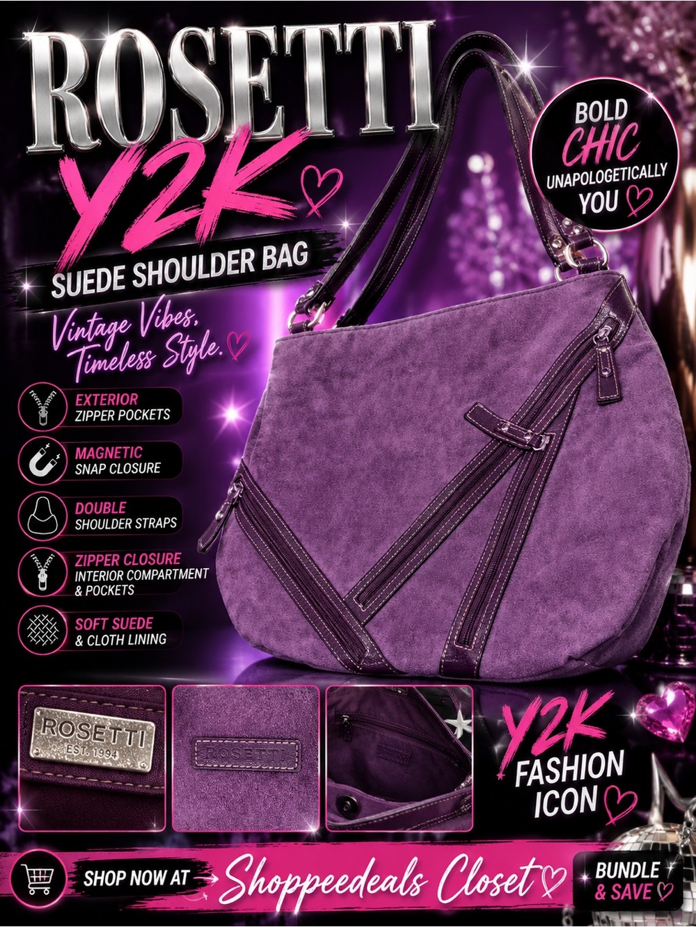 Vintage Rosetti Purple Suede Shoulder Bag Handbag